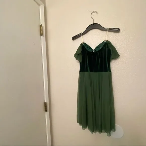 Kelle Dance costume solo green velvet off Shoulder dress leotard MA-Medium  adult